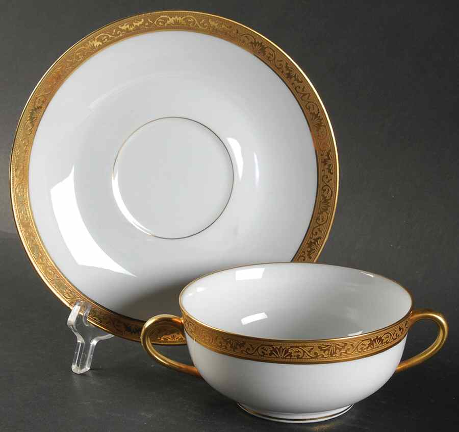 Ambassador Gold Footed Cream Soup Bowl & Saucer Set by Ceralene-1