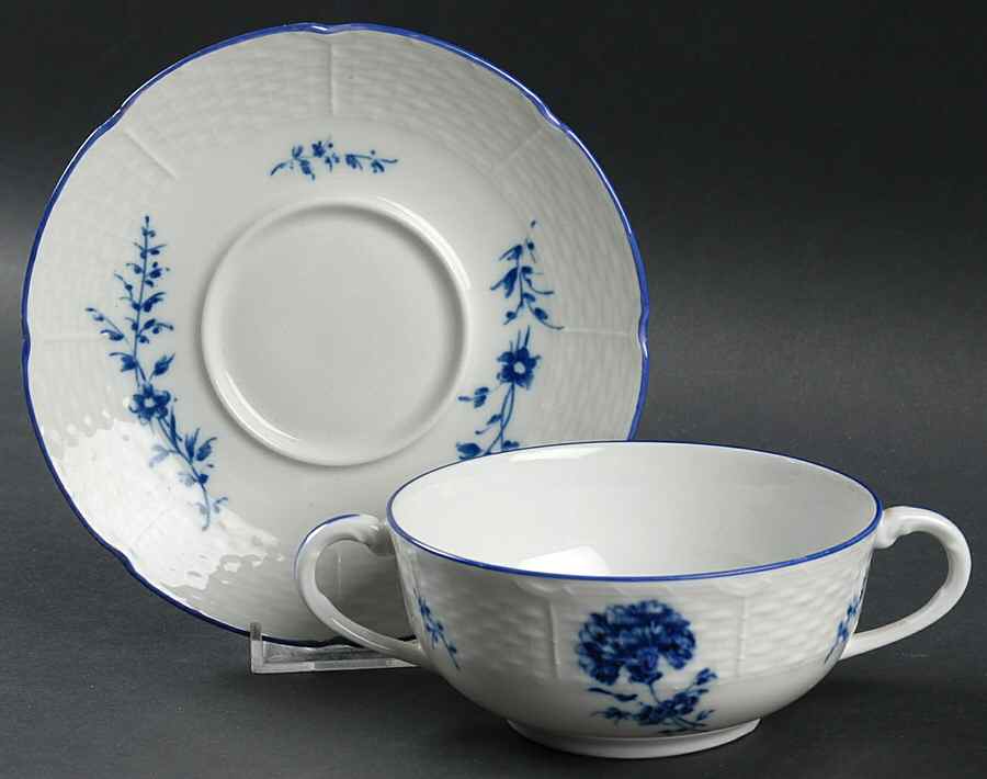 Blue Carnation Flat Cream Soup Bowl & Saucer Set by Ceralene-1