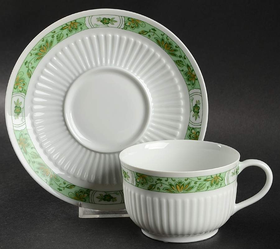Fleur De Jade Green Flat Cup & Saucer Set by Ceralene-1