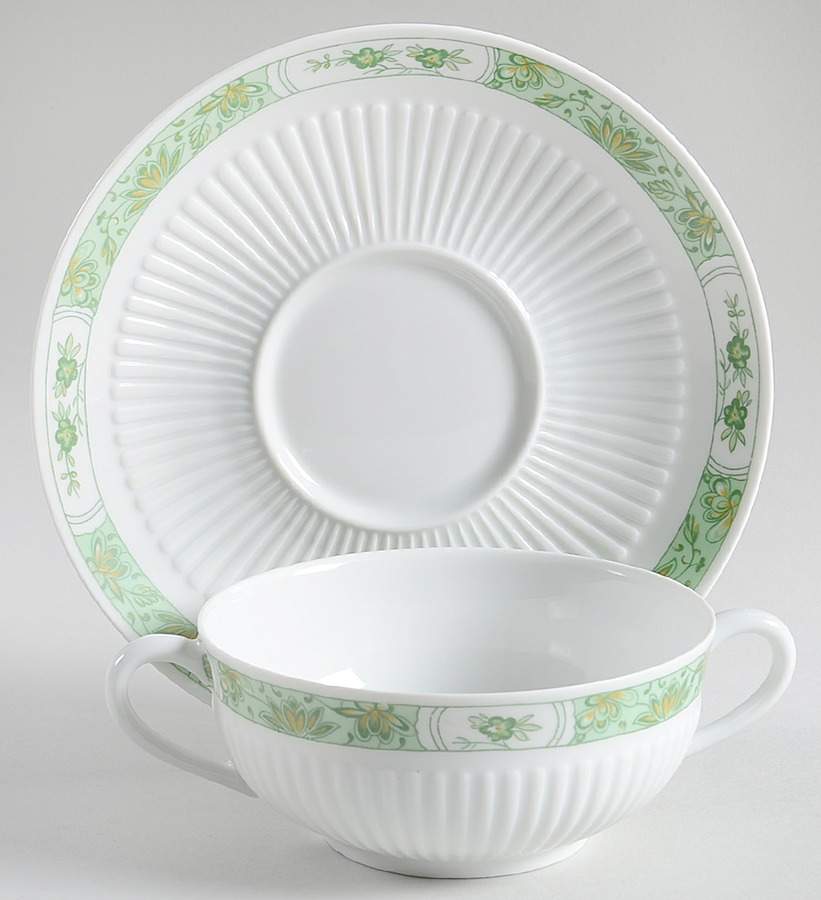 Fleur De Jade Green Flat Cream Soup Bowl & Saucer Set by Ceralene-1