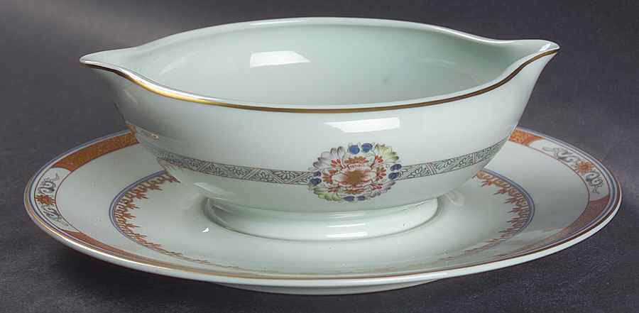Houqua (Celadon Background) Gravy Boat with Attached Underplate by Ceralene-1