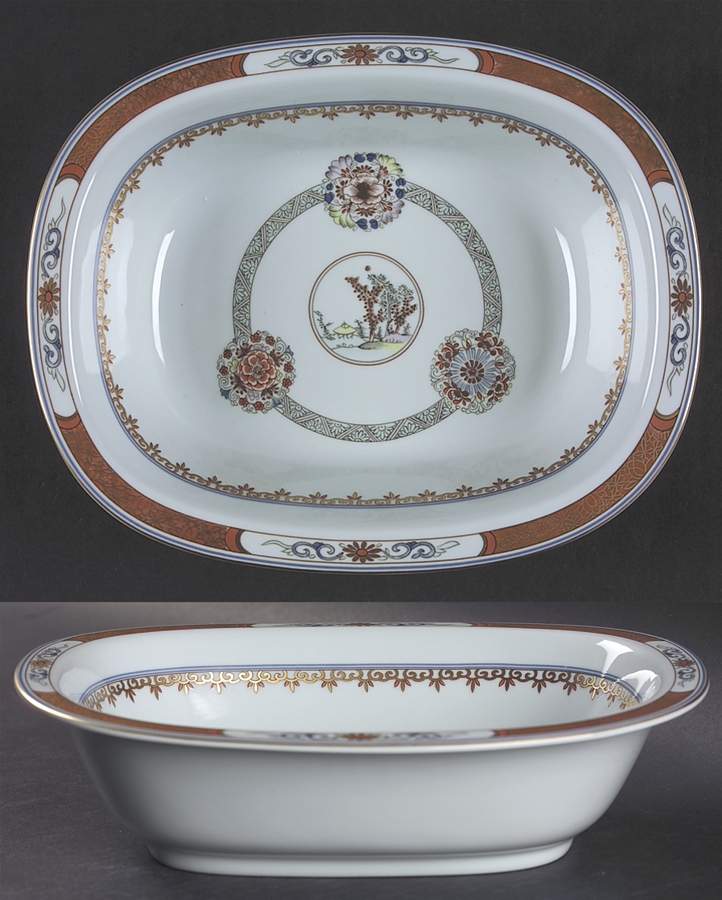 Houqua (Celadon Background) 9" Oval Vegetable Bowl by Ceralene-1