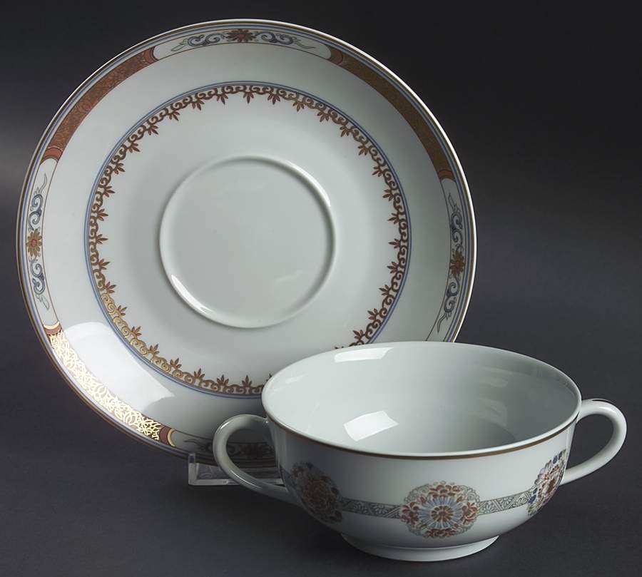 Houqua (Celadon Background) Flat Cream Soup Bowl & Saucer Set by Ceralene-1