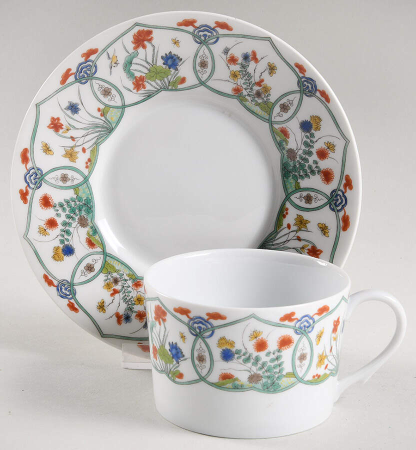 Jardin Chinois  (White Background) Flat Cup & Saucer Set by Ceralene-1