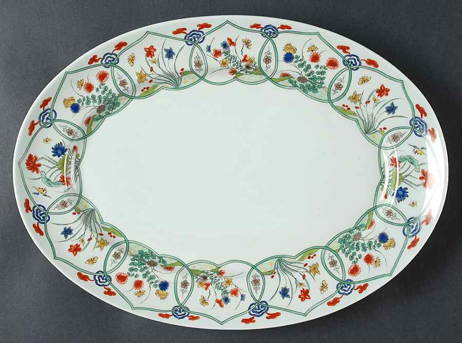 Jardin Chinois (Celadon Background) 14" Oval Serving Platter by Ceralene-1