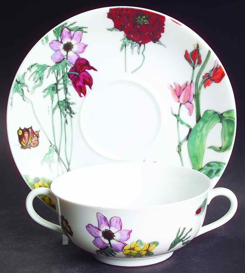 Jardin De Fleurs Flat Cream Soup Bowl & Saucer Set by Ceralene-1