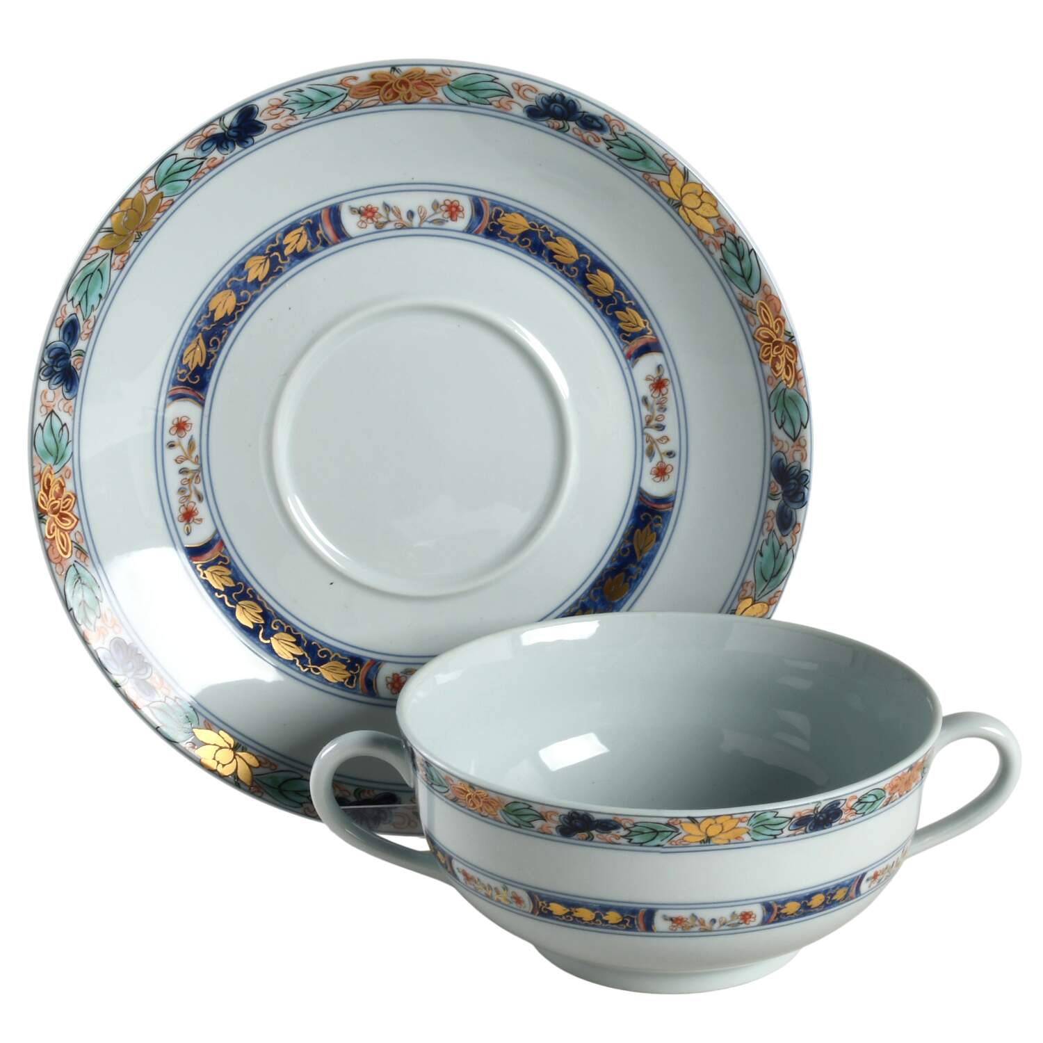 Koutani (Celadon Background) Footed Cream Soup Bowl & Saucer Set by Ceralene-1