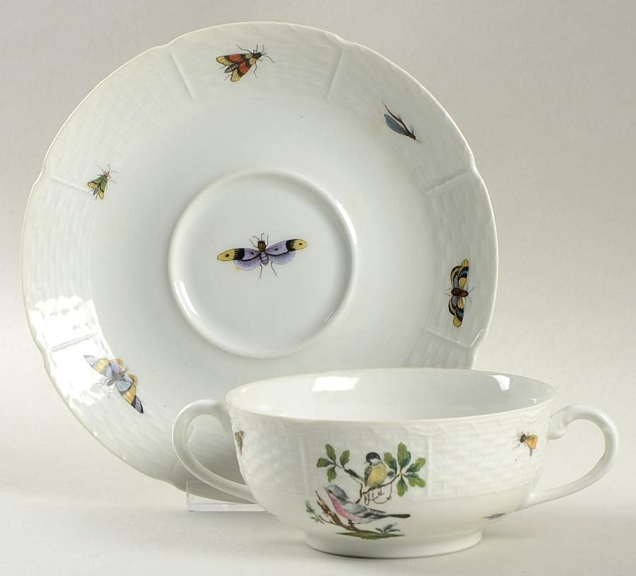 Les Oiseaux Footed Cream Soup Bowl & Saucer Set by Ceralene-1