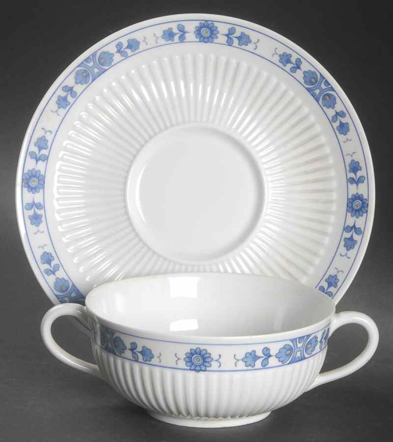 Medicis (Blue) Flat Cream Soup Bowl & Saucer Set by Ceralene-1