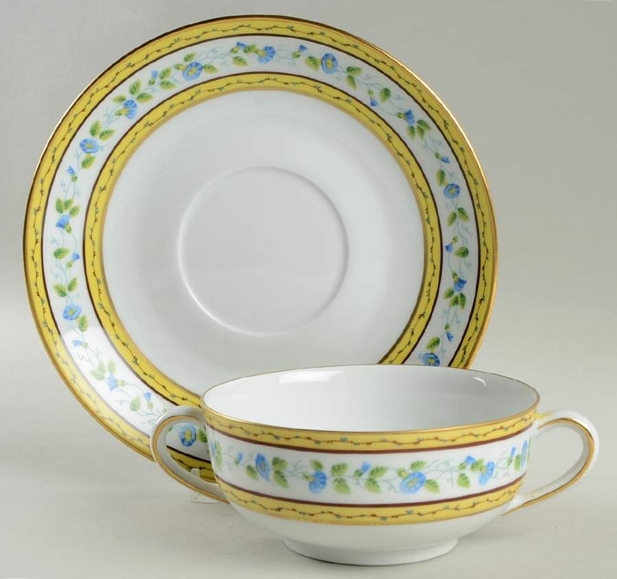 Morning Glory Ring Footed Cream Soup Bowl & Saucer Set by Ceralene-1