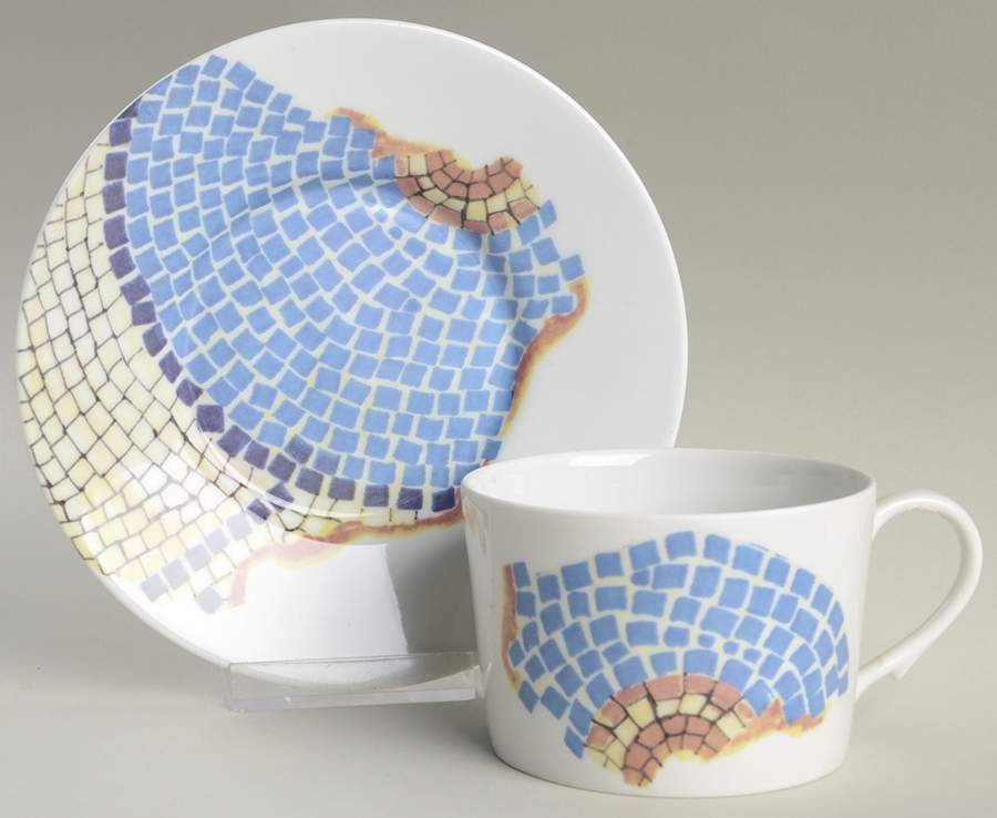 Mosaiques Blue Center Flat Cup & Saucer Set by Ceralene-1