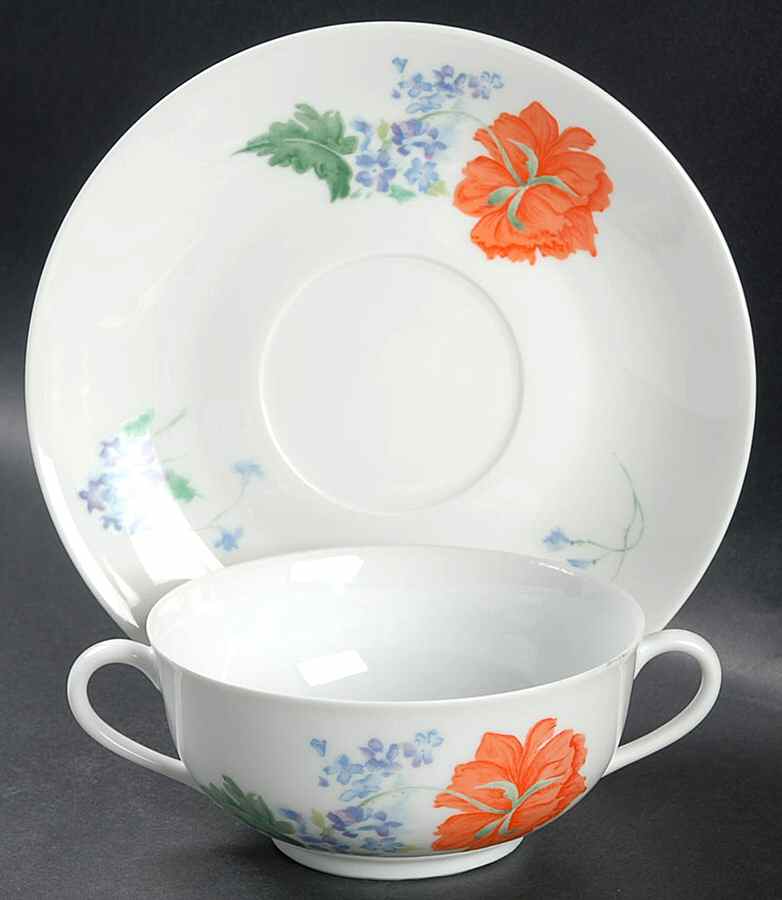 Pavot Poppy Flat Cream Soup Bowl & Saucer Set by Ceralene-1