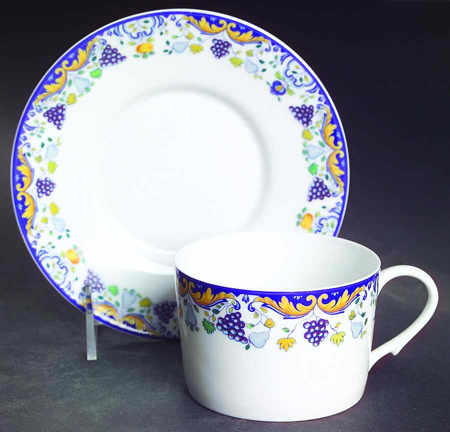 Vendanges (Blue Trim) Flat Cup & Saucer Set by Ceralene-1