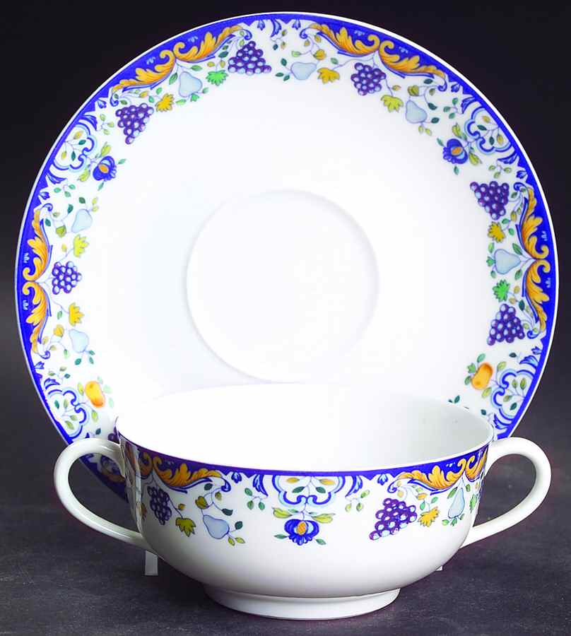 Vendanges (Blue Trim) Flat Cream Soup Bowl & Saucer Set by Ceralene-1