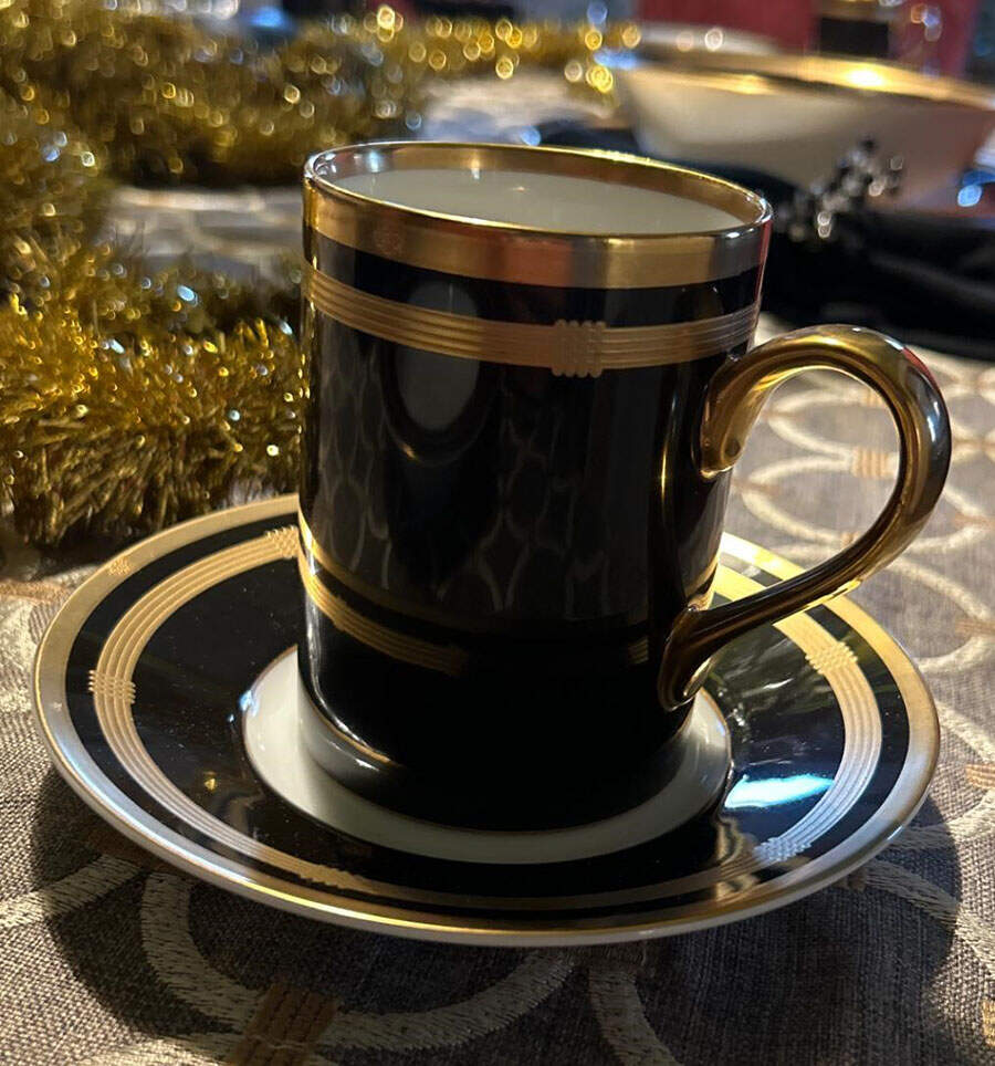 Gaudron Onyx (Gold Trim) Flat Demitasse Cup & Saucer Set by Christian Dior-1