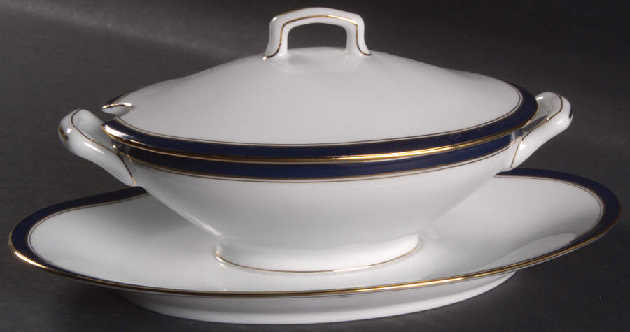 Ambassade Blue Gravy Boat w/Attached Underplate & Lid by Charles Field Haviland-1