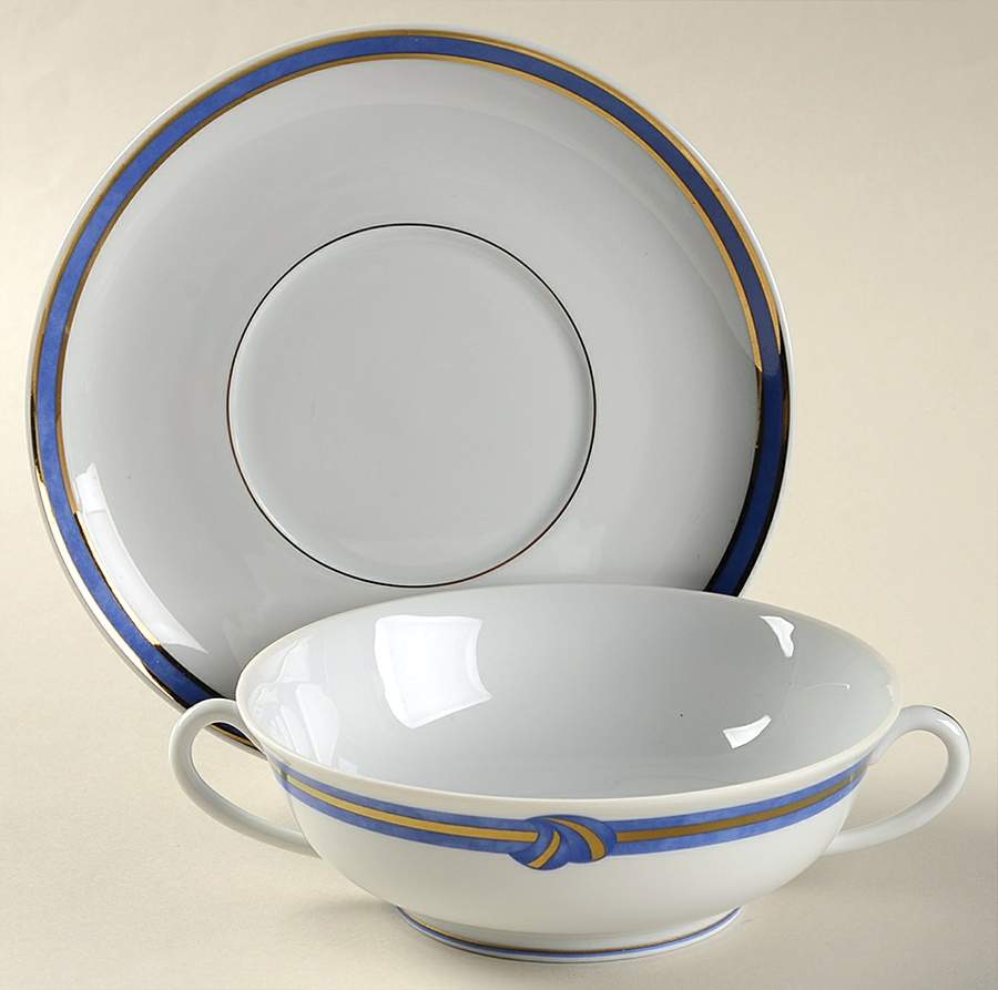 Rubanea Blue Flat Cream Soup Bowl & Saucer Set by Christofle-1