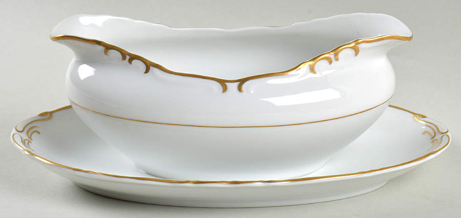 Gold Sharon Gravy Boat with Attached Underplate by James Chatelaine-1
