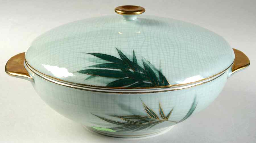 Bamboo (Gold Trim) Round Covered Vegetable by Celadon China-1
