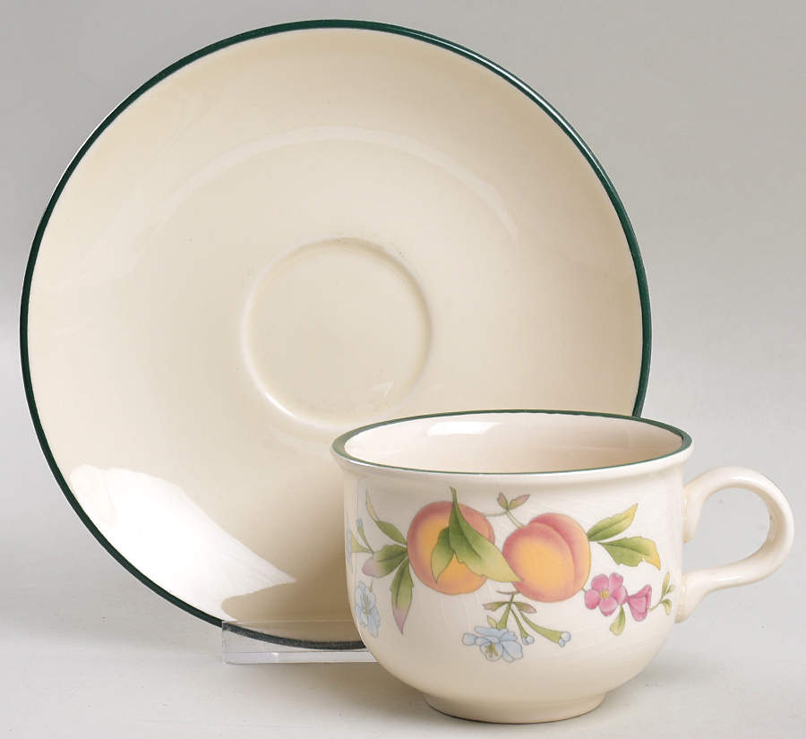 Peaches & Cream (Green Trim) Flat Cup & Saucer Set by Cloverleaf (England)-1