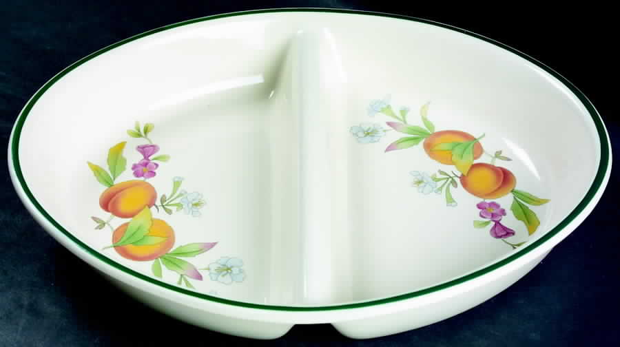 Peaches & Cream (Green Trim) 11" Oval Divided Vegetable Bowl by Cloverleaf (England)-1