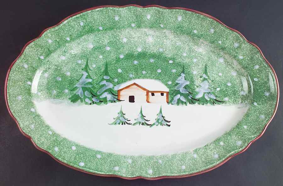 Log Cabin Christmas 17" Oval Serving Platter by The Cellar (China)-1