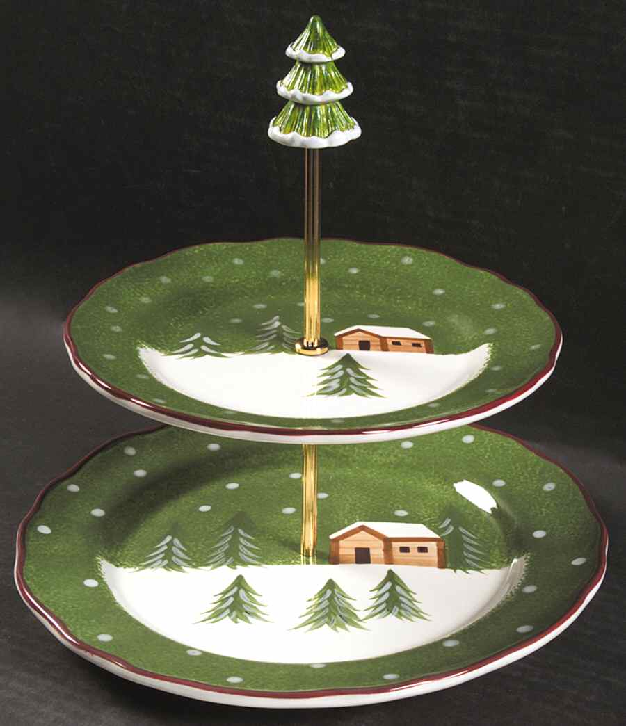 Log Cabin Christmas 2 Tiered Serving Tray (Dinner & Salad Plate) by The Cellar (China)-1