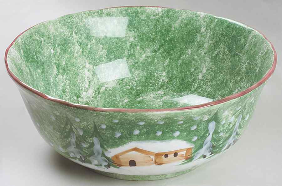 Log Cabin Christmas 11" Large Salad Serving Bowl by The Cellar (China)-1
