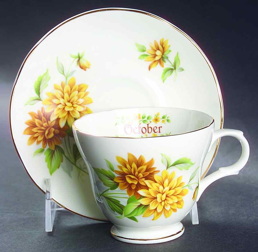 Flower of The Month Footed Cup & Saucer Set by Crown Trent-1
