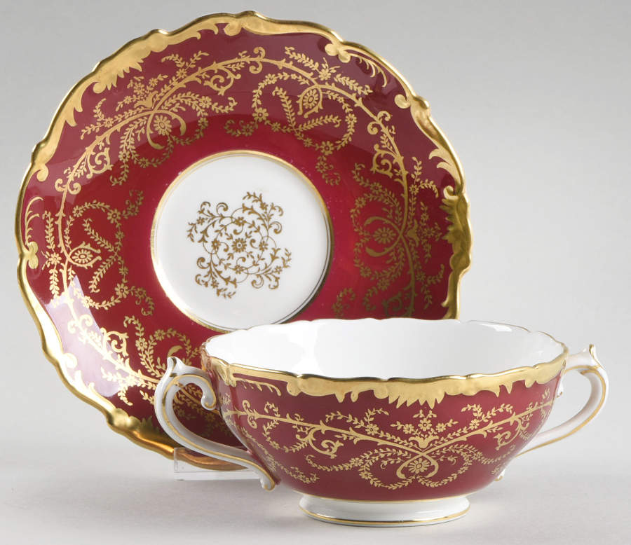 Anniversary Maroon Footed Cream Soup Bowl & Saucer Set by Coalport-1