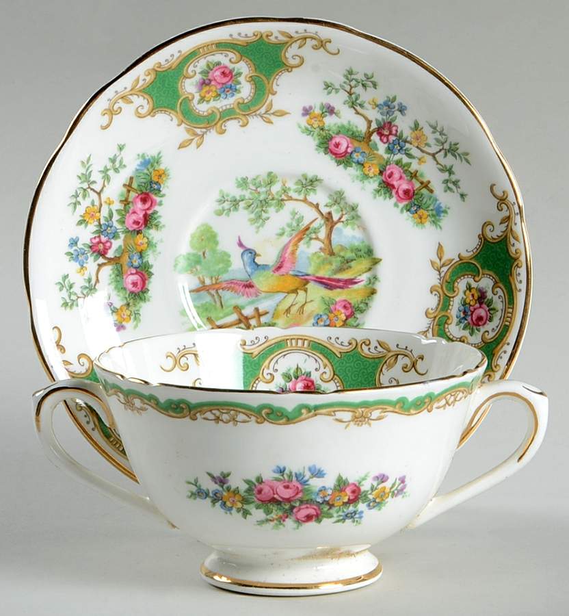 Broadway Green (Scalloped) Footed Cream Soup Bowl & Saucer Set by Coalport-1