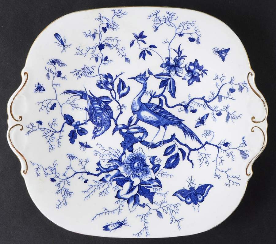 Cairo Blue On White (Not Raised, Gold) Square Handled Cake Plate by Coalport-1
