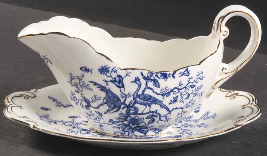 Cairo Blue On White (Not Raised, Gold) Gravy Boat & Underplate by Coalport-1