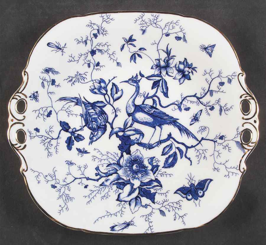 Cairo Blue On White (Not Raised, Gold) Square Handled Cake Plate by Coalport-1