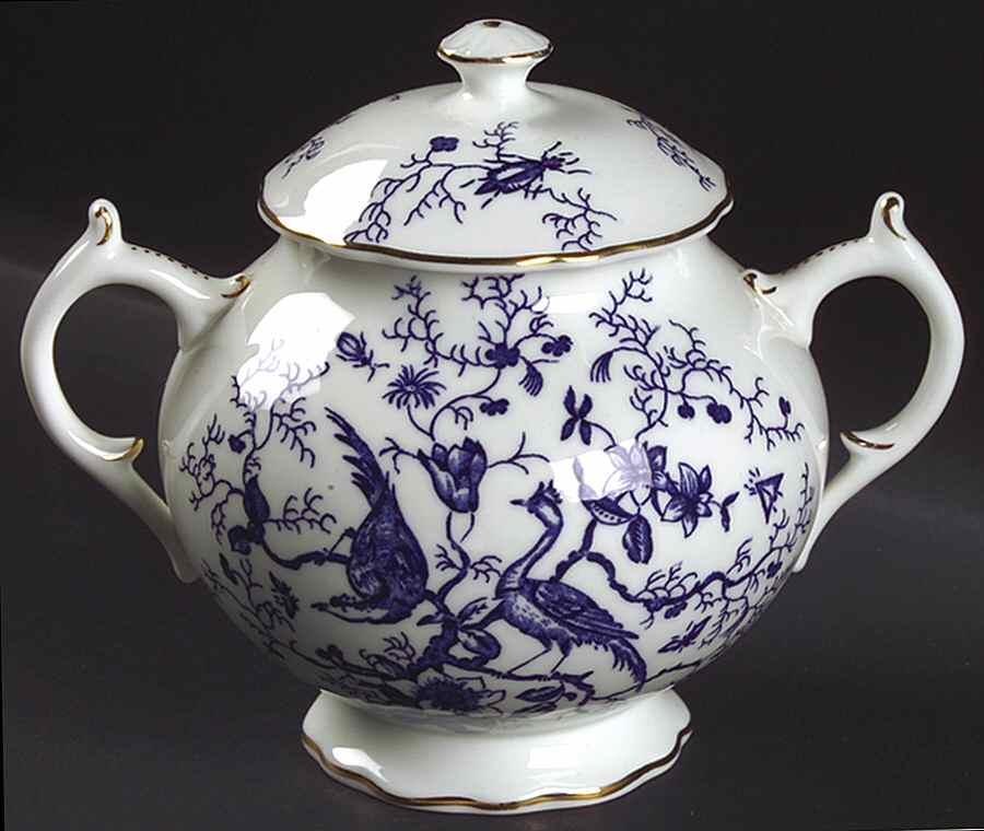 Cairo Blue On White (Not Raised, Gold) Sugar Bowl & Lid by Coalport-1