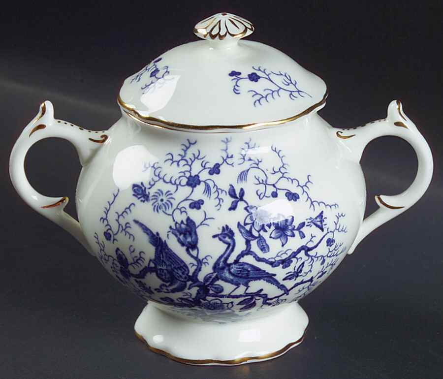 Cairo Blue On White (Not Raised, Gold) Sugar Bowl & Lid by Coalport-1