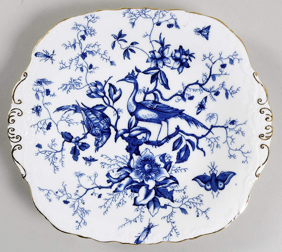 Cairo Blue On White (Raised Edge, Gold) Square Handled Cake Plate by Coalport-1