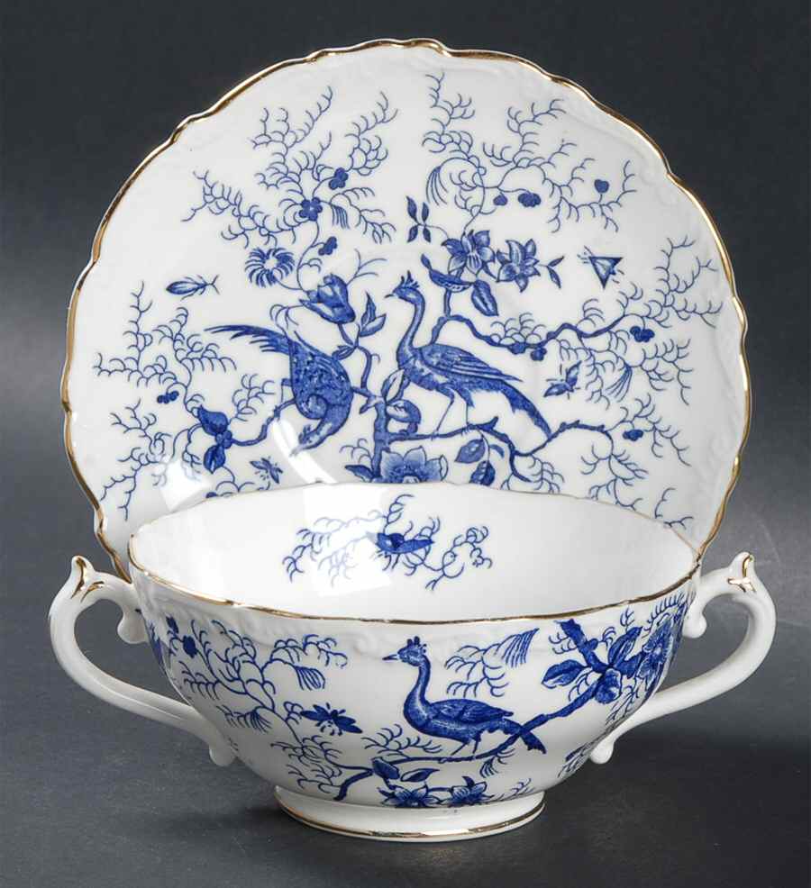Cairo Blue On White (Raised Edge, Gold) Footed Cream Soup Bowl & Saucer Set by Coalport-1