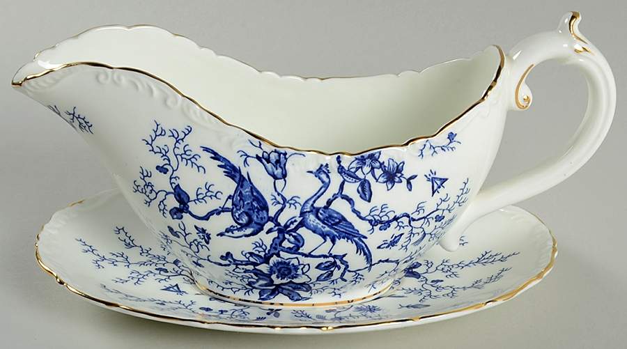 Cairo Blue On White (Raised Edge, Gold) Gravy Boat & Underplate by Coalport-1