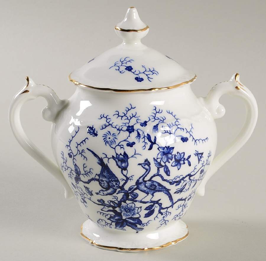 Cairo Blue On White (Raised Edge, Gold) Sugar Bowl & Lid by Coalport-1