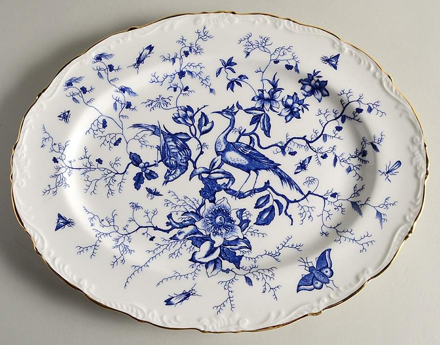 Cairo Blue On White (Raised Edge, Gold) 13" Oval Serving Platter by Coalport-1