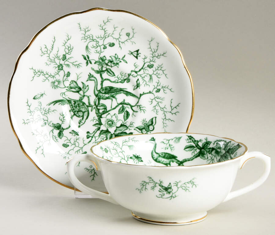 Cairo Green on White (Gold) Footed Cream Soup Bowl & Saucer Set by Coalport-1