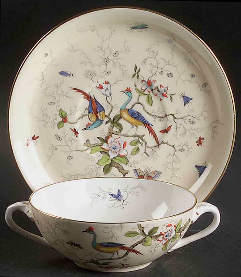 Cairo Multicolor On Ivory (Gold Trim) Flat Cream Soup Bowl & Saucer Set by Coalport-1