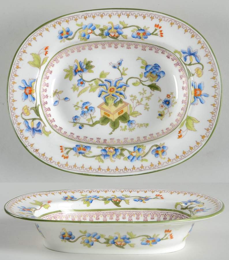 Flower Pot (Green Trim, Scalloped) 8" Oval Vegetable Bowl by Coalport-1
