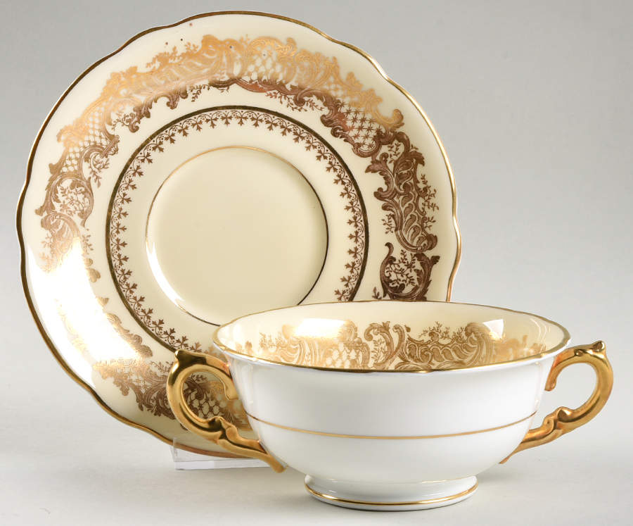 Golden Wedding Cream Footed Cream Soup Bowl & Saucer Set by Coalport-1