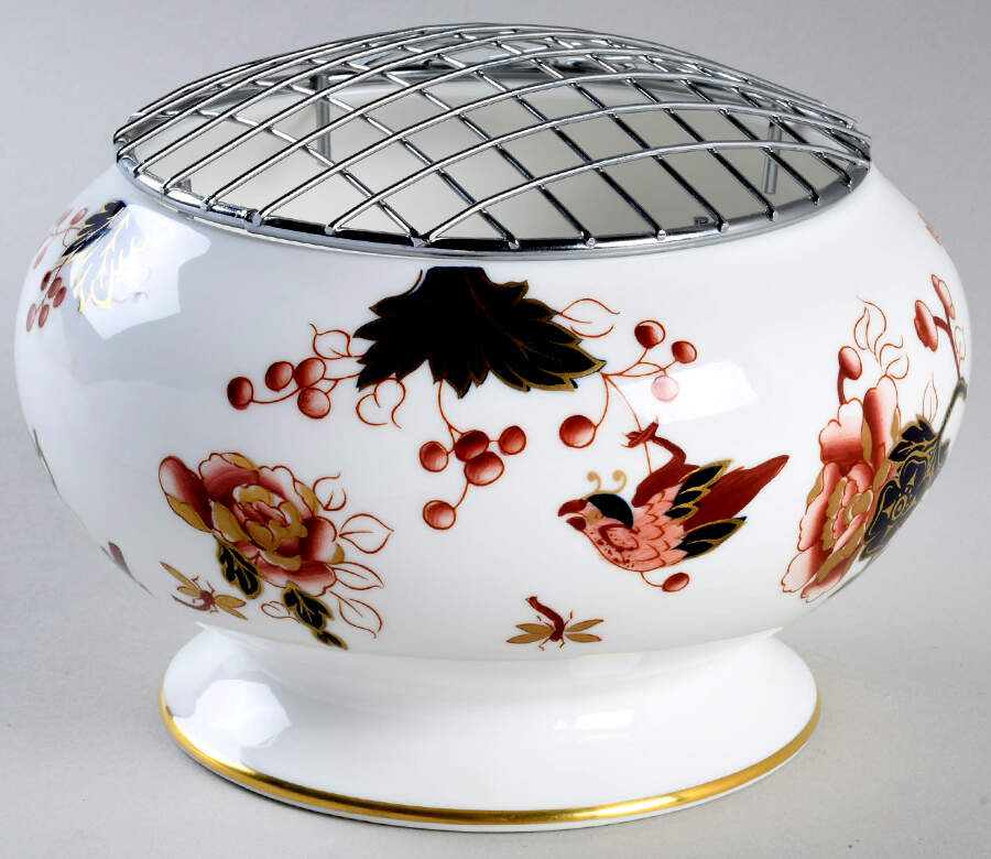 Hong Kong (New Backstamp, Mauve Flowers) Frog Vase with Metal Grid by Coalport-1