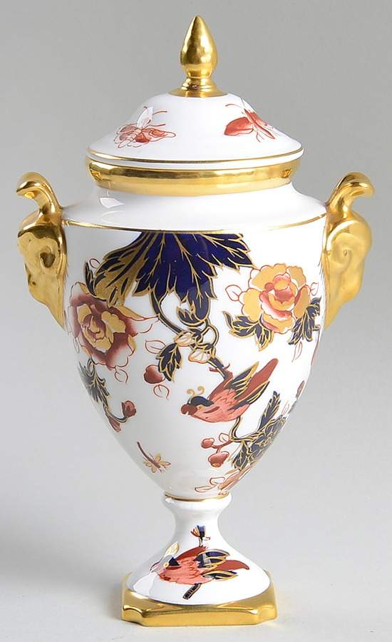 Hong Kong (New Backstamp, Mauve Flowers) Covered Vase with Ram's Head Handles by Coalport-1
