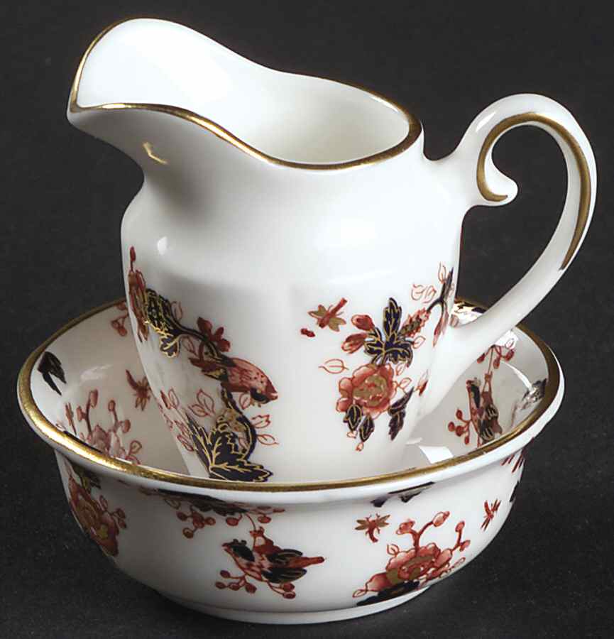 Hong Kong (New Backstamp, Mauve Flowers) Miniature Pitcher and Bowl Set by Coalport-1