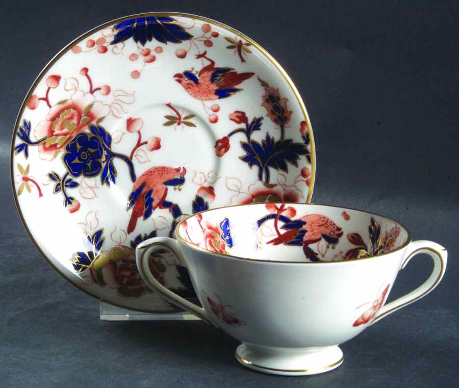 Hong Kong (Old Backstamp, Rust Flowers) Footed Cream Soup Bowl & Saucer Set by Coalport-1