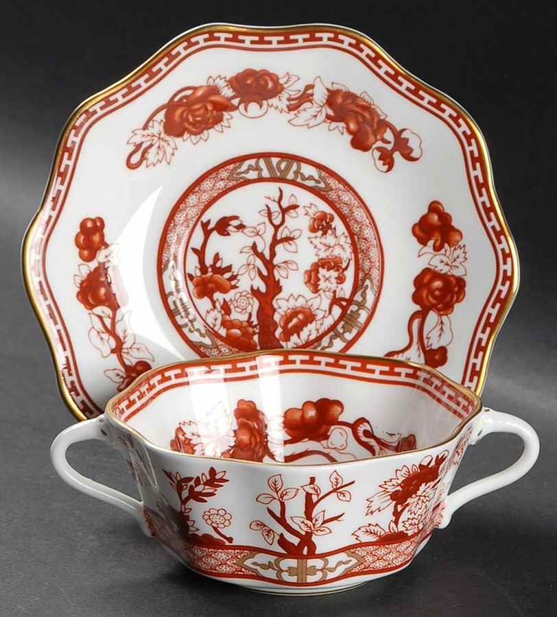 Indian Tree Coral (Scalloped) Flat Cream Soup Bowl & Saucer Set by Coalport-1
